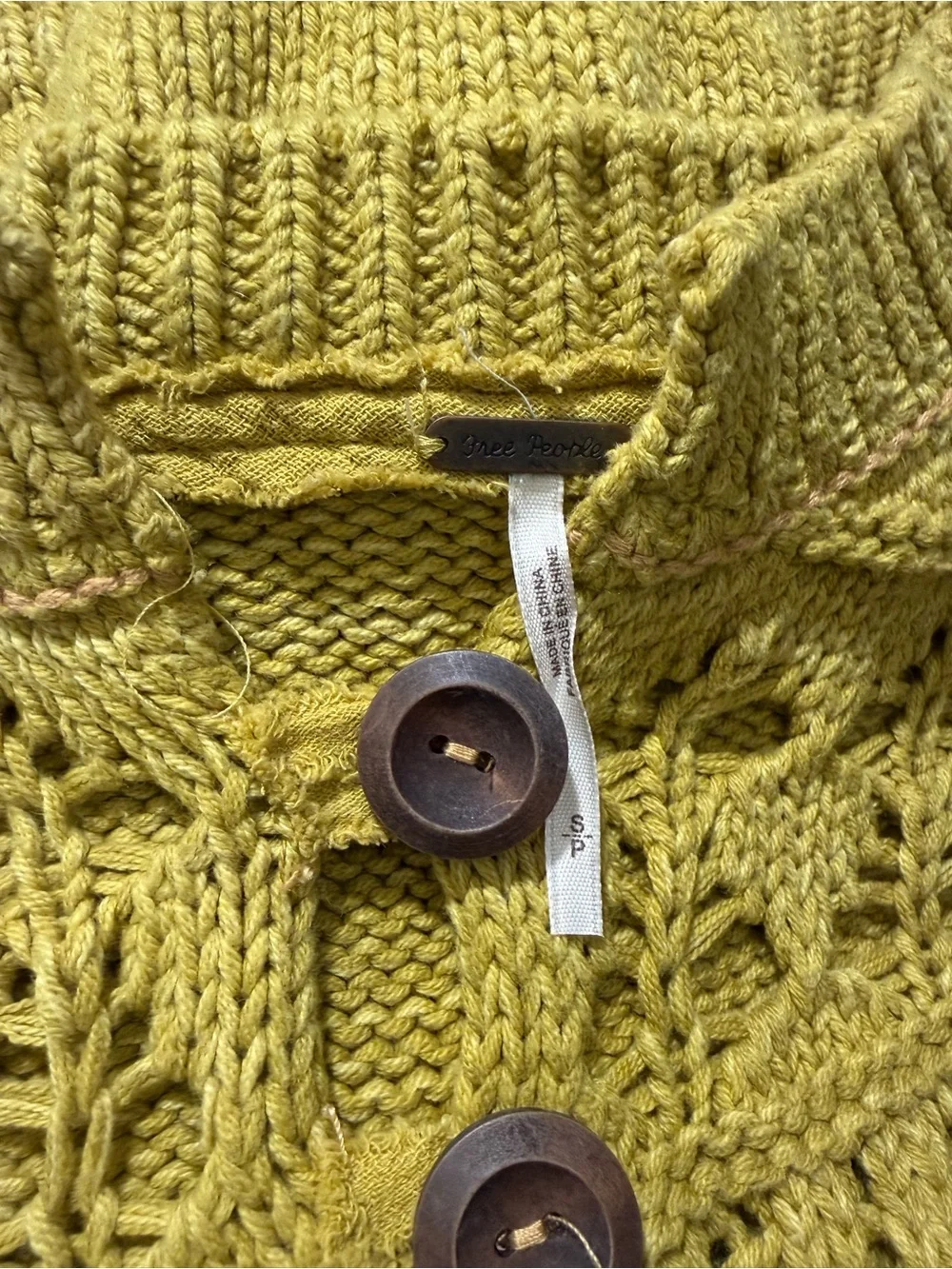Free People Mustard Open-Knit Button-Front Sweater